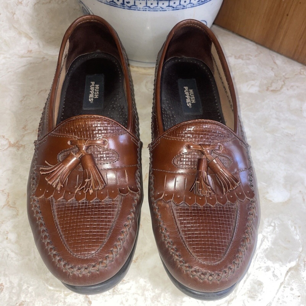 Hush Puppies‎ Mens 10W San Remo Leather Loafers Shoes w/  Tassel Weave Brown